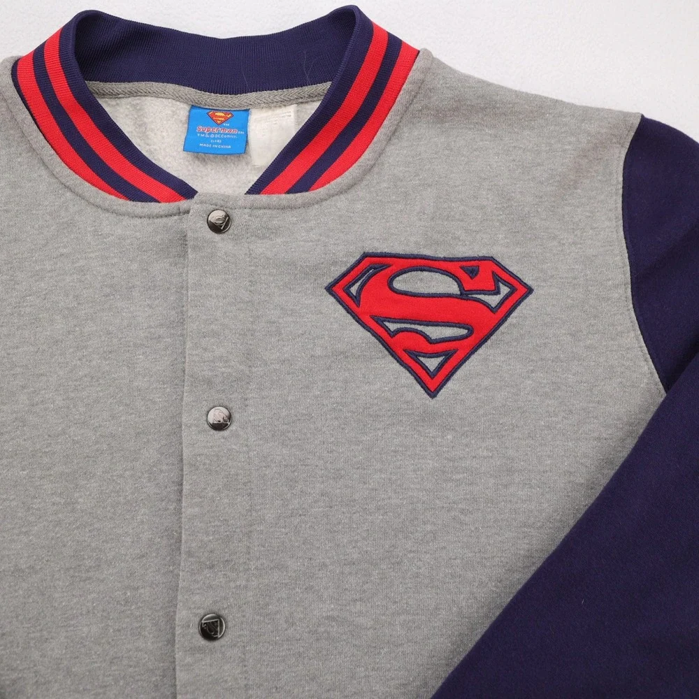 DC Comics Superman Mens‎ Varsity Jacket Gray Navy Blue Snap Front Letterman